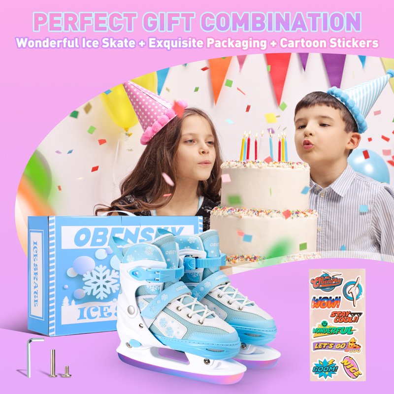 Kids Adjustable Ice Skates for Beginners with Laser Stainless Steel Blade, Festive Colors