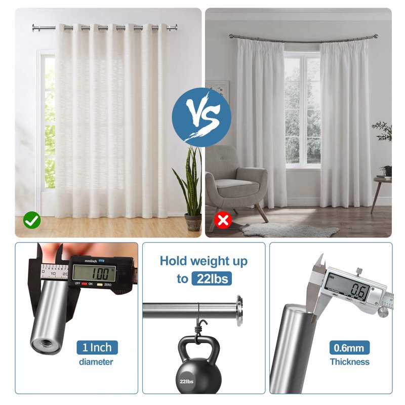 Adjustable 1-Inch Curtain Rod Set with Finials - Metal Window Drapery Rods