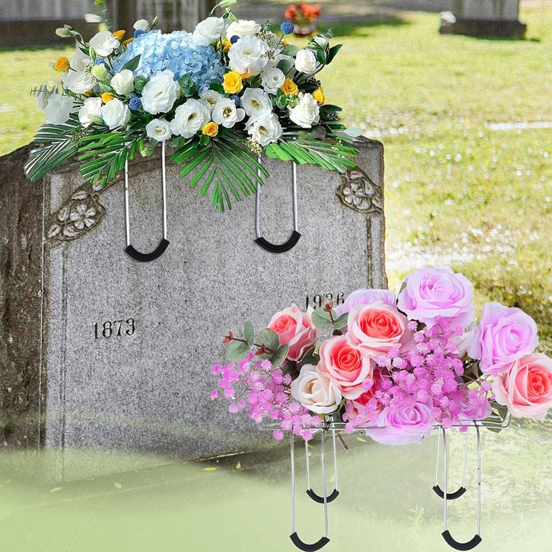 Headstone Flower Saddles with Foam - 12-inch Metal Grave Wreath Holders for Cemetery Decoration
