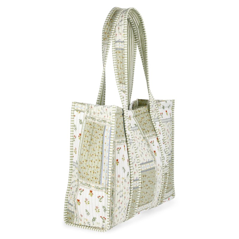 Women's Quilted Tote Bag with Double Shoulder Straps - Green Patchwork