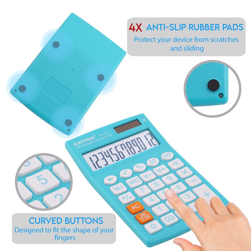 Handheld Calculator 12-Digit LCD Display Office School Light Blue