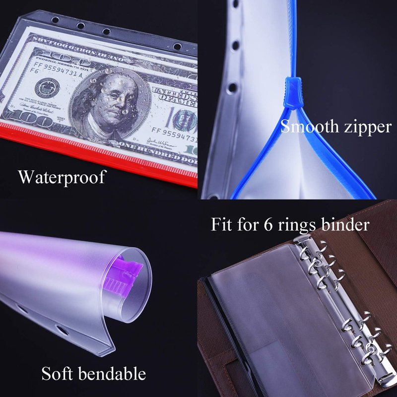 A6 Waterproof Zipper Binder Pockets - Multicolor Organizers for 6-Ring Notebooks, 12 Pack