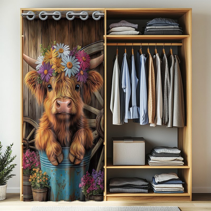 Highland Cattle Door Curtain - Room Divider with Flowers, 78x39 Inch