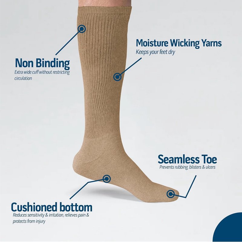 Diabetic Over The Calf Socks with Seamless Toe Cushion Non-Binding Cotton 6 Pairs