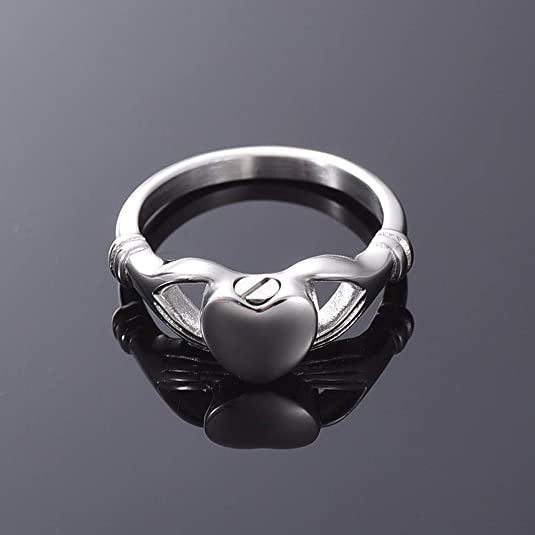 Heart in Hands Cremation Urn Ring Silver Stainless Steel Keepsake Memorial Jewelry