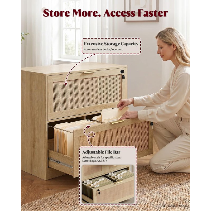 2-Drawer Locking File Cabinet with Rattan Front - Office Storage & Printer Stand