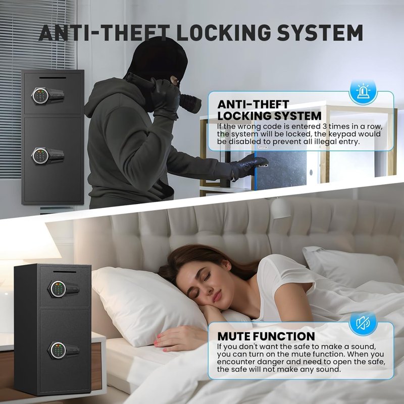 Large Digital Security Safe with Double Doors, Drop Slot, Alloy Steel, LED Light