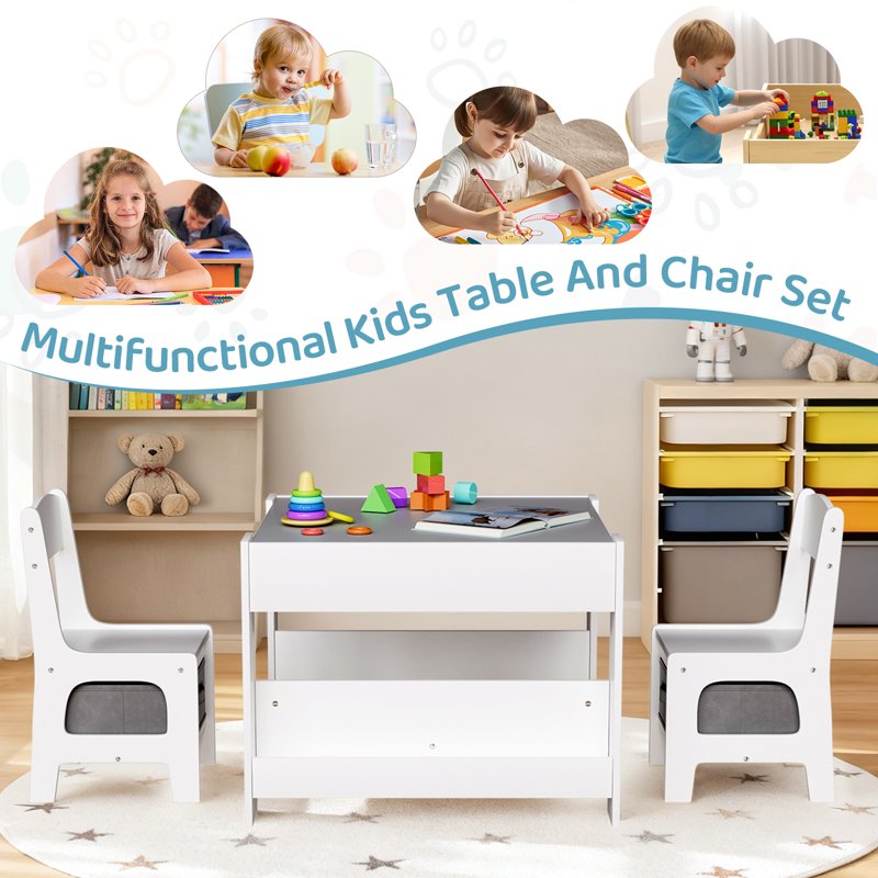 Kids Activity Table & Chairs Set with Storage & Reversible Blackboard