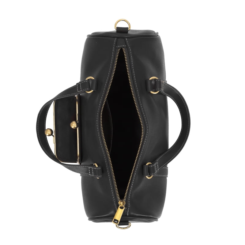Women's Faux Leather Satchel Handbag with Kiss-Lock Pocket - Black