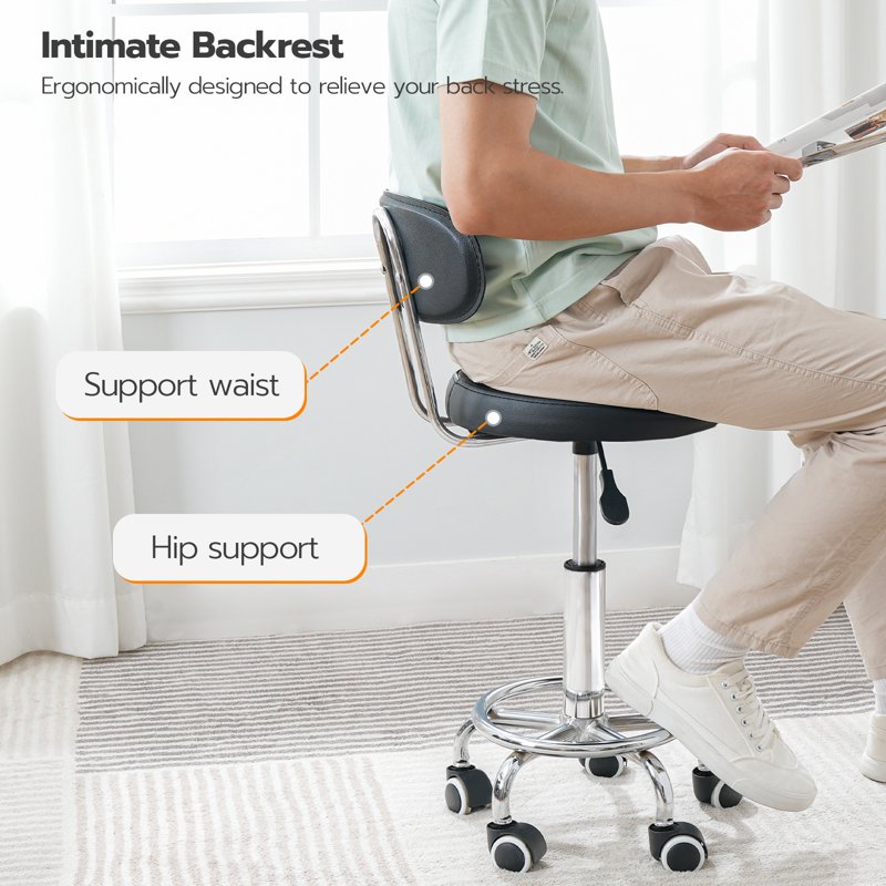 Height Adjustable Rolling Stool with Low Back and 360° Rotation - Black