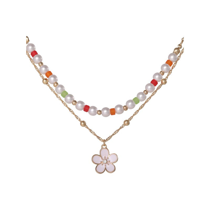 Women's Layered Flower Charm Necklace with Adjustable Chain - Trendy Jewelry Accessory