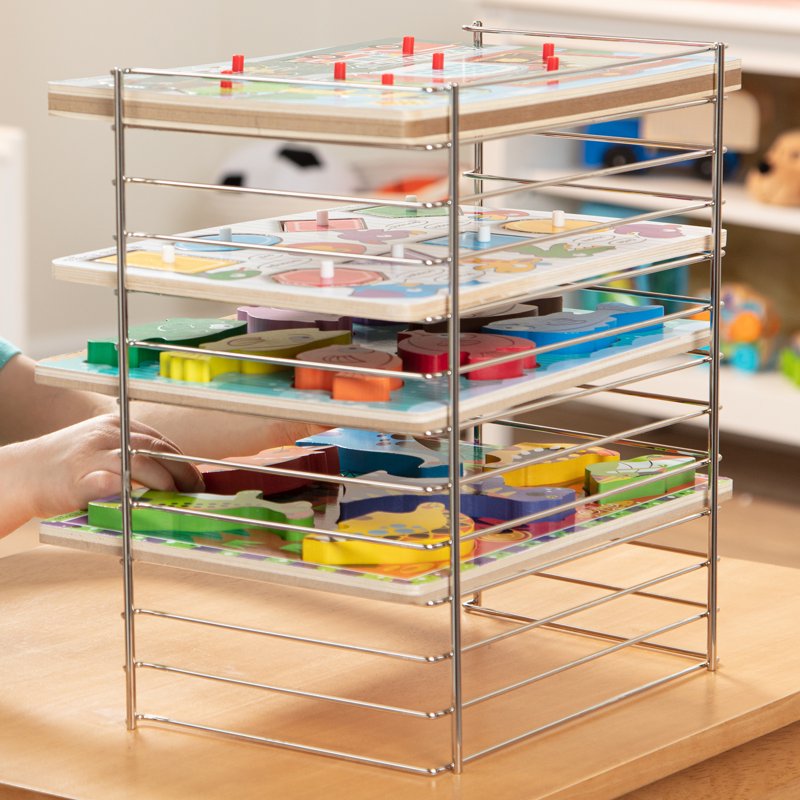 Multi-Fit Metal Puzzle Rack - Holds 12 Wooden & Peg Puzzles, 12 Inch Wide