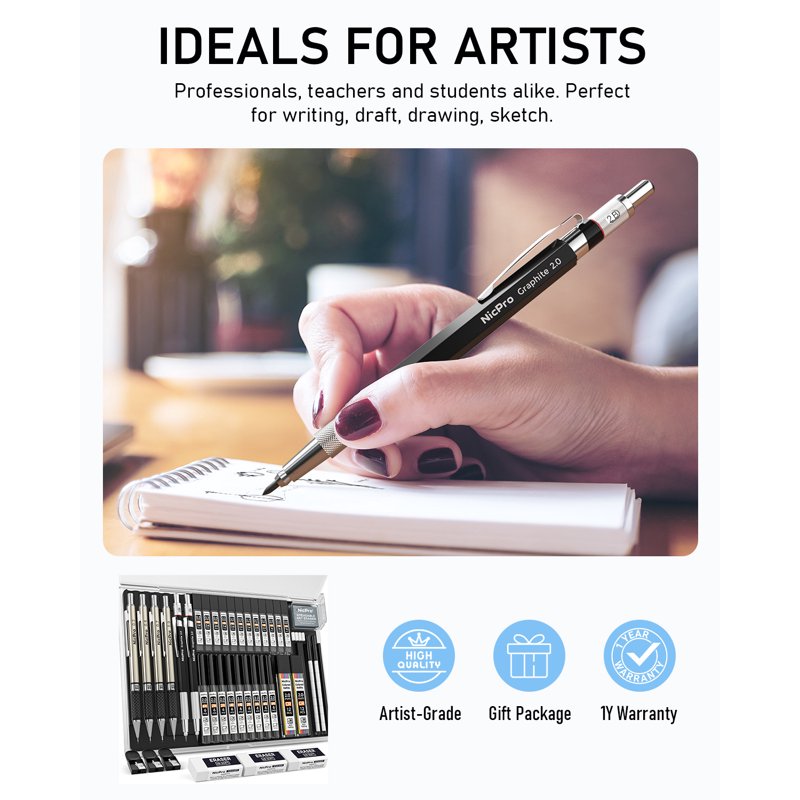 Mechanical Pencil Set for Artists and Professionals with 6 Pencils and Refill Leads