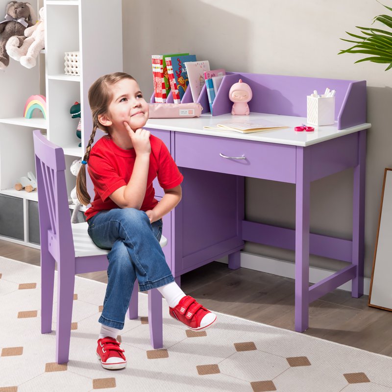 Kids Wooden Study Desk & Chair Set with Storage Drawer - Suitable for Ages 3-8