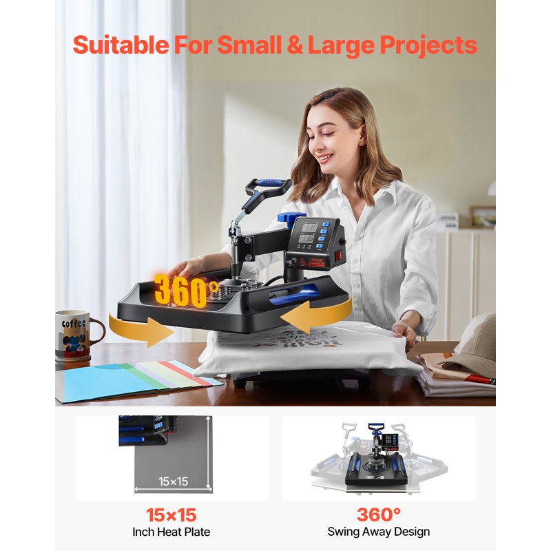 15x15in Heat Press Machine for T-Shirts Mugs Hats Plates - 5 in 1 Digital Swing Away