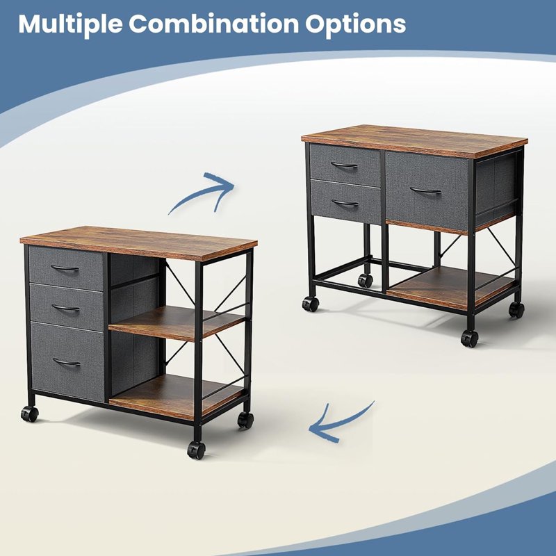 3-Tier Mobile File Cabinet with Drawers & Back Support Bar - Rustic Brown, Black, White