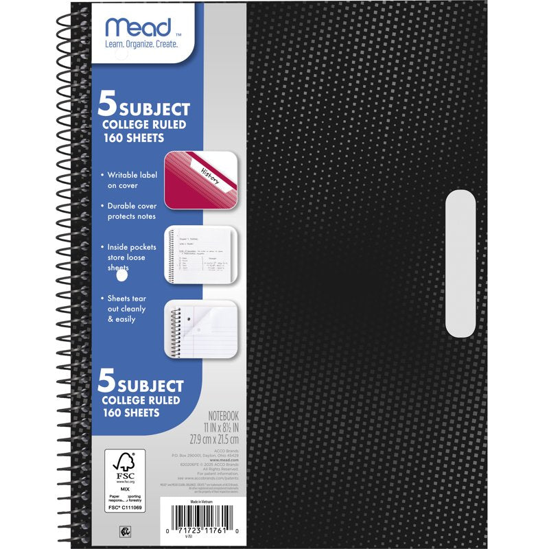 5 Subject College Ruled Spiral Notebook - 8.5 x 11 Inches, Black, 160 Sheets