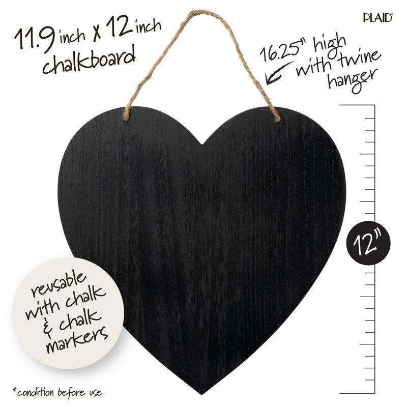 Heart Shaped Chalkboard Plaque with Hanging Cord - 12 x 12 Inches, Versatile Decor & Craft Board