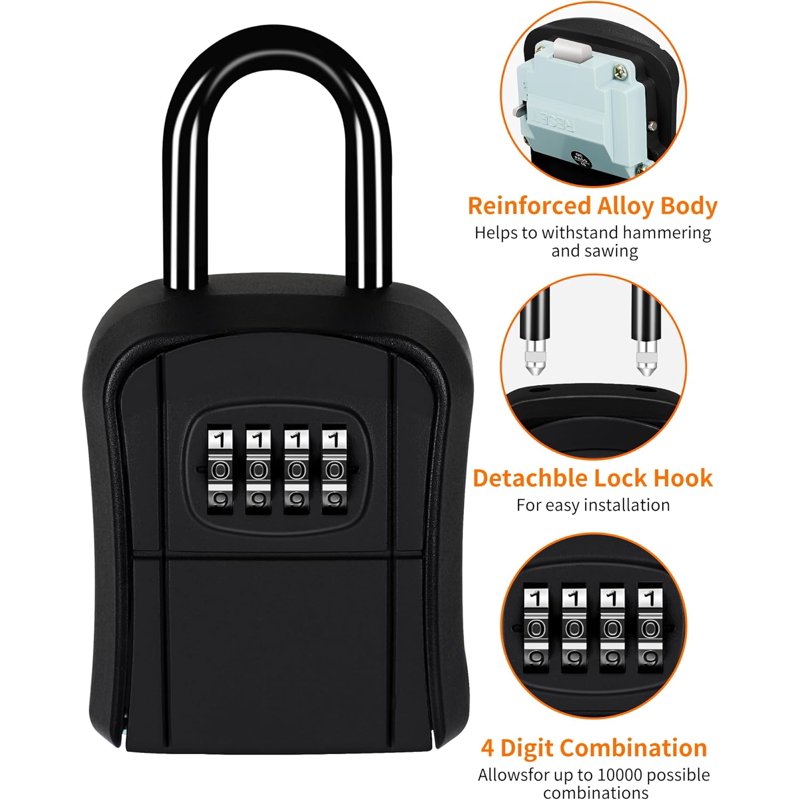 Portable Wall-Mounted Key Lock Box with Resettable Combination - Security Safe for Home & Office, Holds Up to 5 Keys, Black