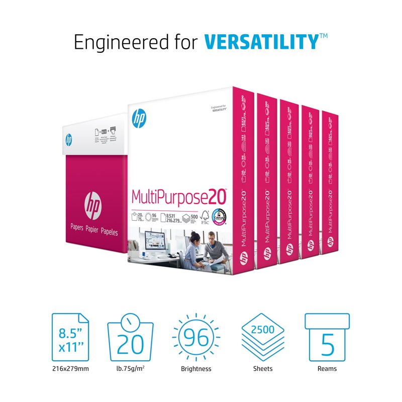 Multipurpose Printer Paper 8.5x11 20lb Bright White 96 Bright 5 Ream