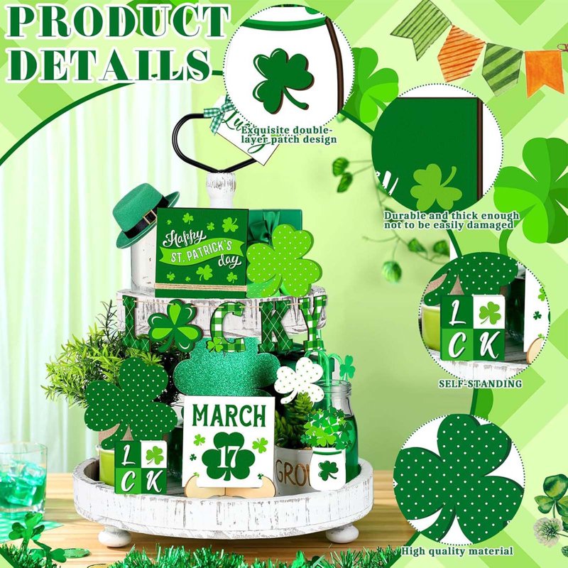 St. Patrick's Day Wooden Tiered Tray Decor - Irish Holiday Tabletop Ornament