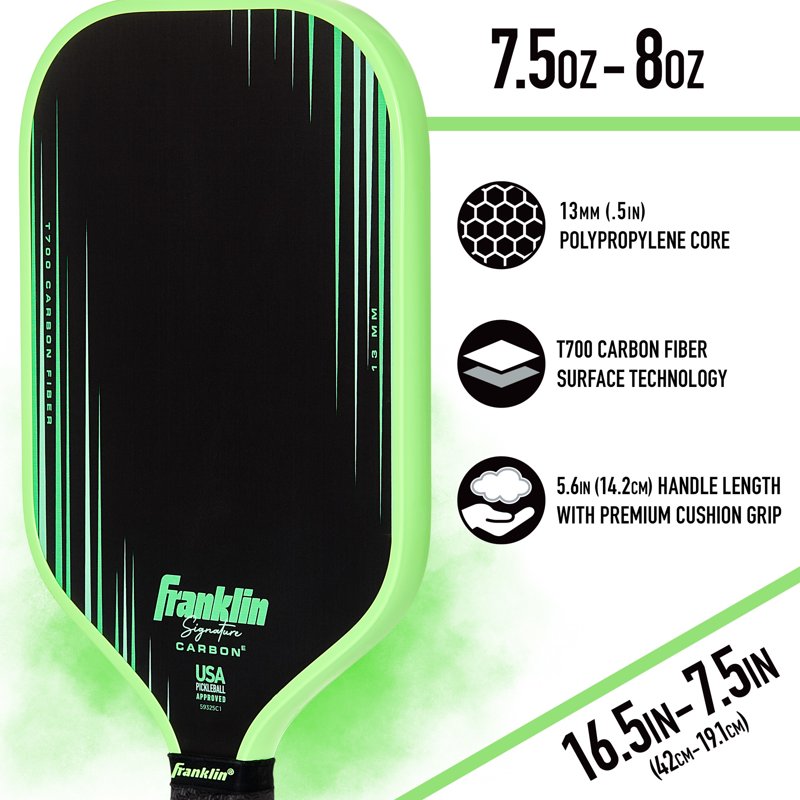 Green Elongated Pro Pickleball Paddle - 13mm Core, Signature Carbon Fiber Series