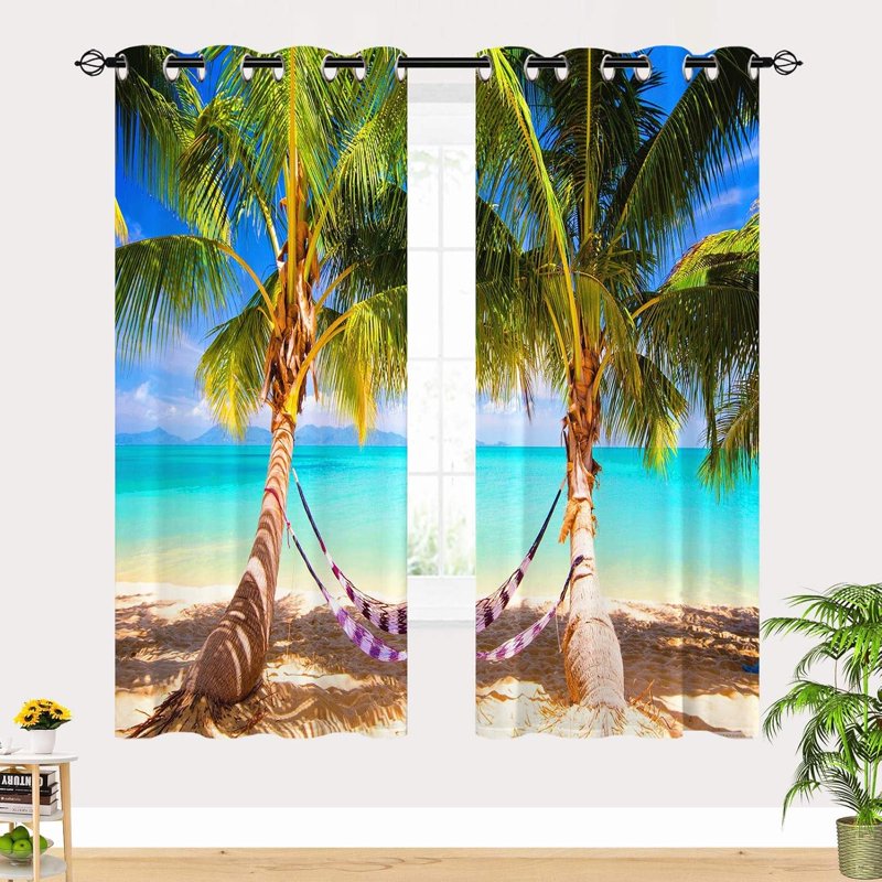 Beach Themed Waterproof Window Curtains with Tropical Palm Tree Ocean Landscape Pattern — Multi Sizes & Colors