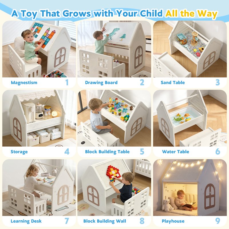 Kids 9-in-1 Activity Table with Storage, Drawing, Building & Play House