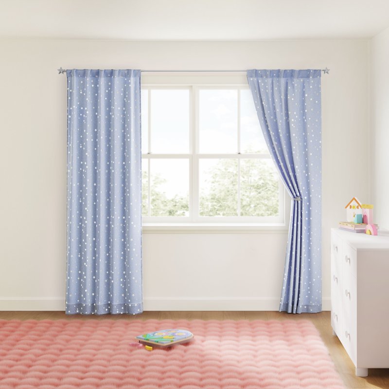 Kids Sheer Blackout Curtain Panel with Metallic Stars, Rod Pocket & Back Tabs, 38x95 in