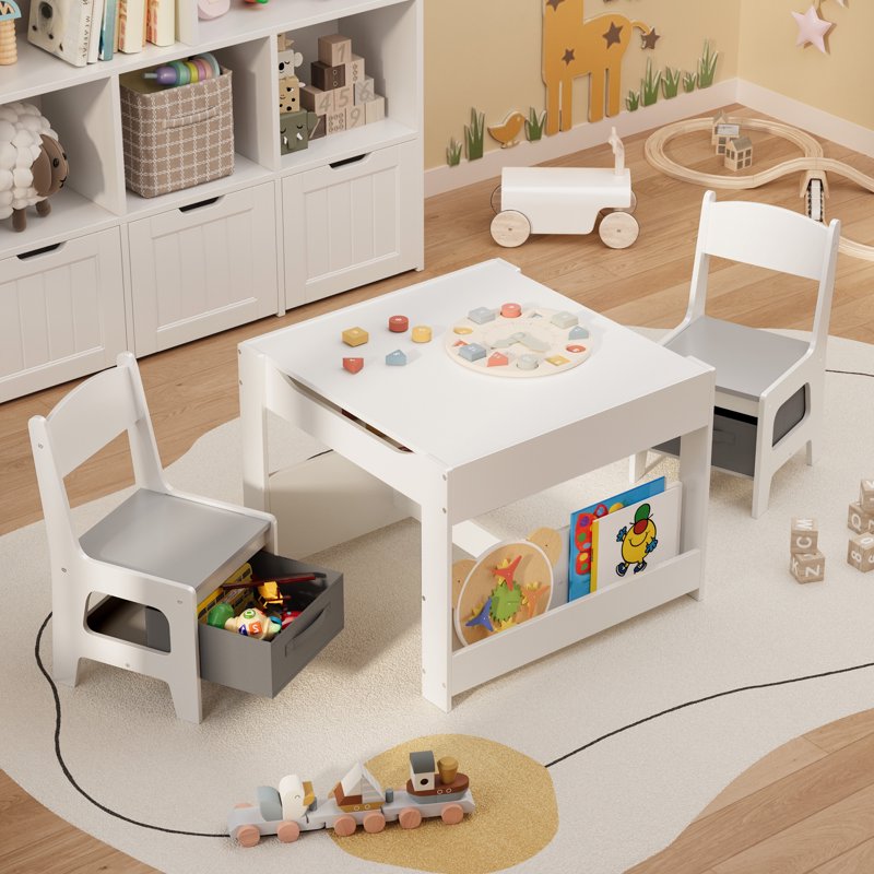 Kids Table and Chairs Set 4-in-1 with Storage for Play, Study, Drawing, Eating