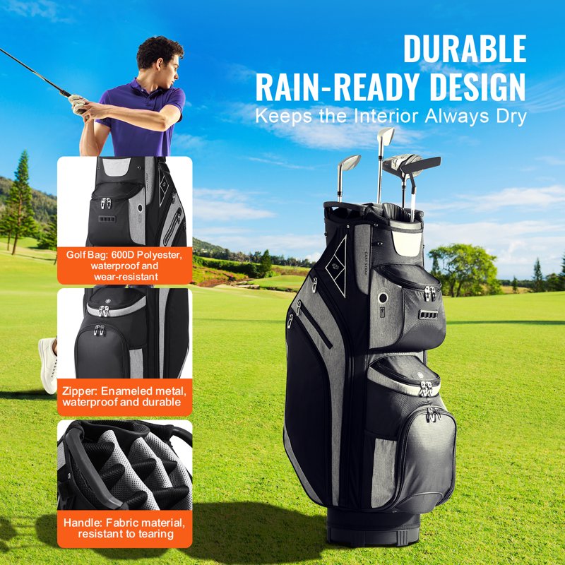 KFFKFF Golf Bag for Carts 14-Way Top Divider, 36" 13 Pockets, Dust Cover, Removable Straps, Black/Gray