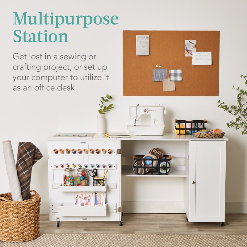 Large Folding Sewing & Craft Table with Storage, Magnetic Doors, Wheels