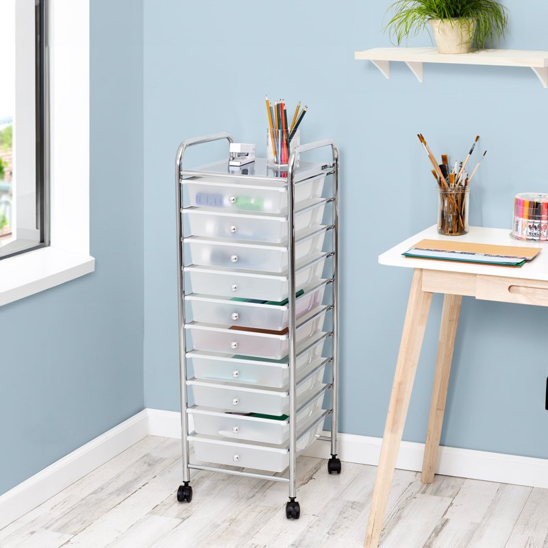 Multi-Color Rolling Craft Cart with 10 Clear Drawers and Lockable Wheels