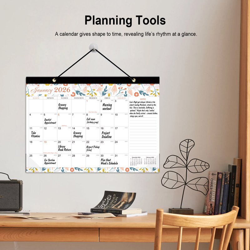 Horizontal Wall Calendar 2026 Floral Pattern Large Weekly Organizer