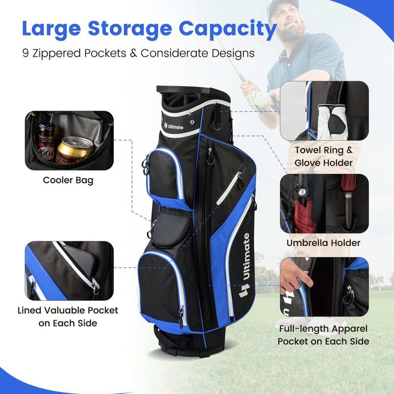 Costway Blue 14-Way Golf Cart Bag with 9 Pockets, Rain Hood & Cooler