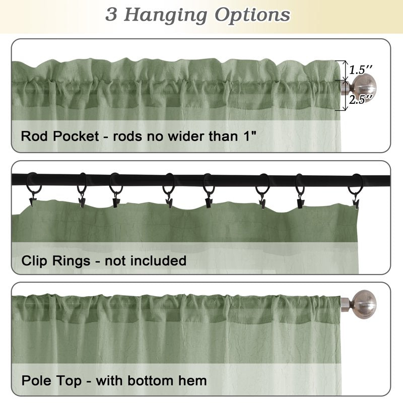 Sage Green Crushed Valance Curtains 2 Pack - 42x14 Inches, Rod Pocket, Lightweight Window Drape