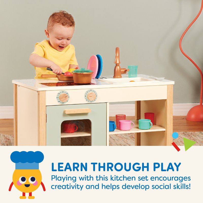Wooden Kitchen Playset with Chalkboard and Accessories - Toddler Pretend Cooking & Café Set