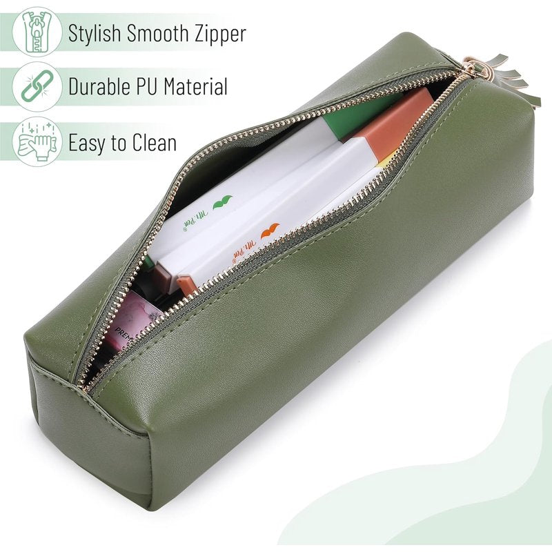PU Leather Pencil Case with Zipper & Tassel - Small, Stylish Organizer for Pens & Accessories