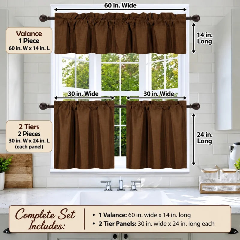 3-Piece Faux Silk Blackout Kitchen Curtain Set with Valance - Brown