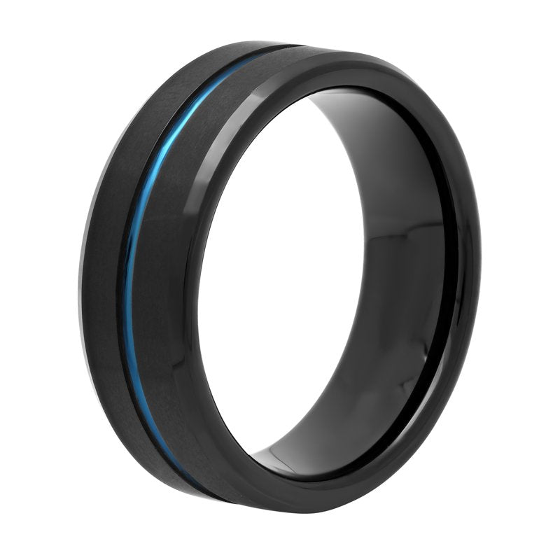 Men's Tungsten Wedding Band 8mm Grooved Comfort Fit Black & Blue Ring