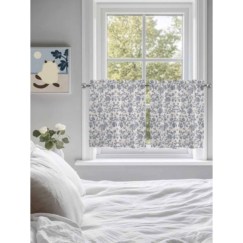 Farmhouse Blue Floral Half Window Curtain Tiers for Kitchen or Bathroom - 24 to 45 Inches Long, 2 Panels