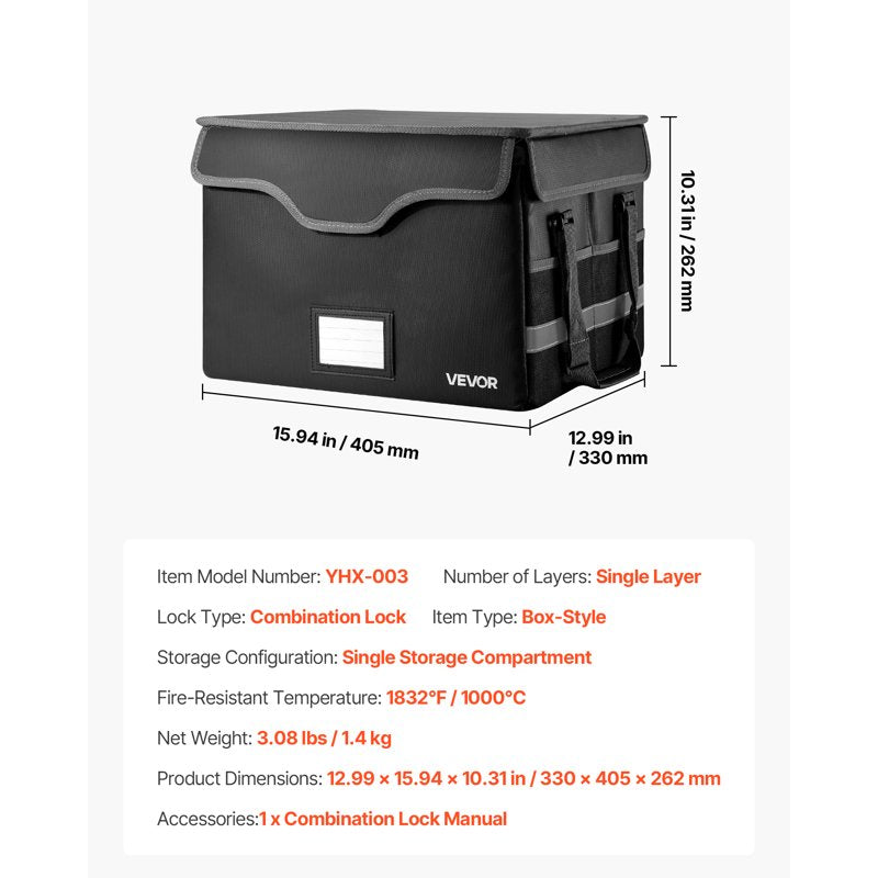 Fireproof Document Box 1832℉/1000℃, Waterproof Safe with Lock, Portable File Organizer