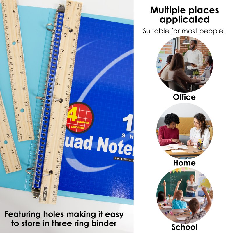 Wooden Ruler Set 12 Inch, Metal Edge, Pack of 3 | Classroom & Office Measuring Tools