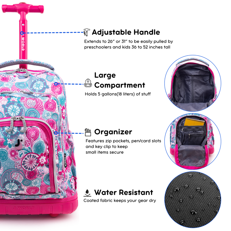 Kids Rolling Backpack with Insulated Lunch Bag - 16 Inch School & Travel Bag, Multiple Colors
