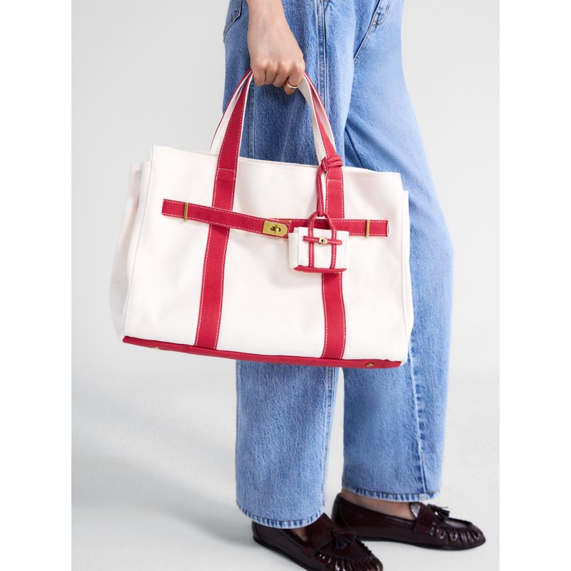 Canvas Tote Handbag for Women with Charm and Contrast Trim