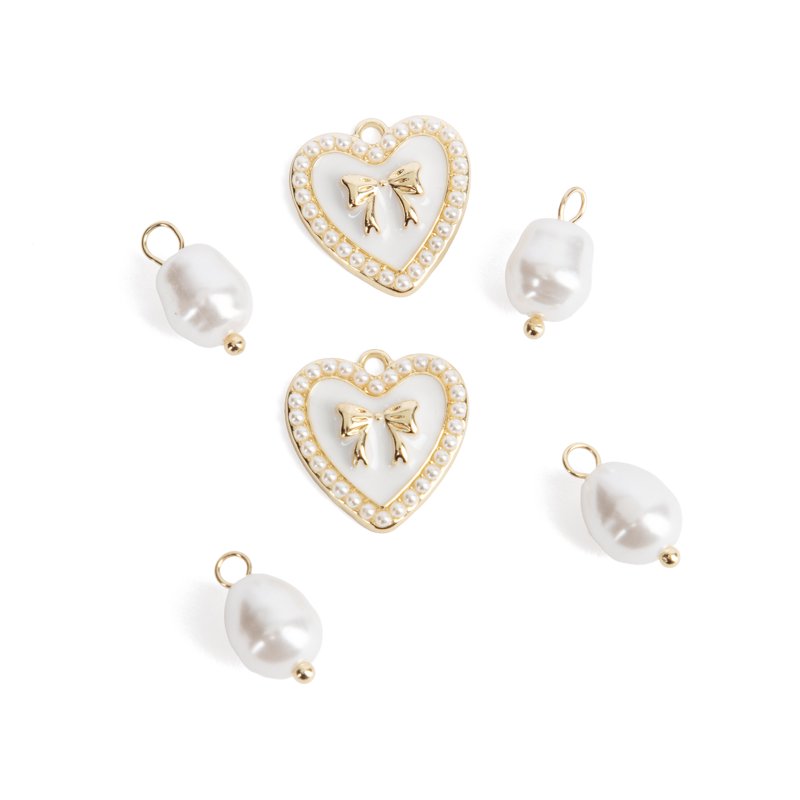 Gold Heart and Pearl Dangle Charms Set for Jewelry Making - Unisex 6 Pieces