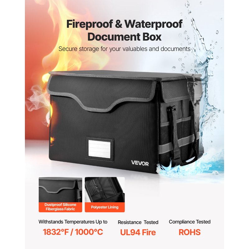 Fireproof Document Box 1832℉/1000℃, Waterproof Safe with Lock, Portable File Organizer
