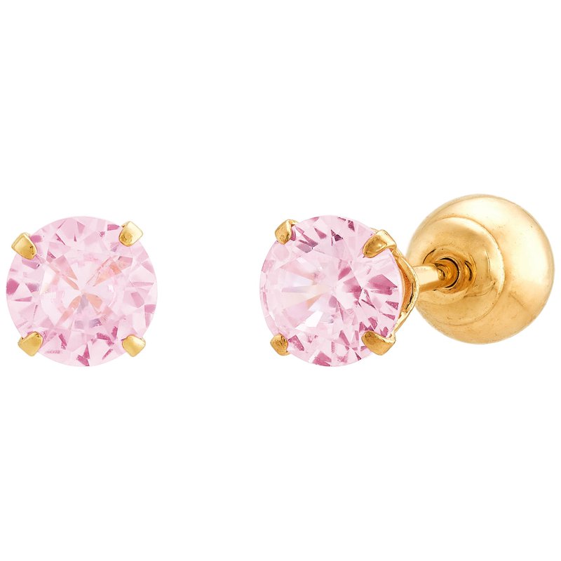 Pink Cubic Zirconia Ball Back Earrings in 14K Yellow Gold - Secure Studs, 4MM