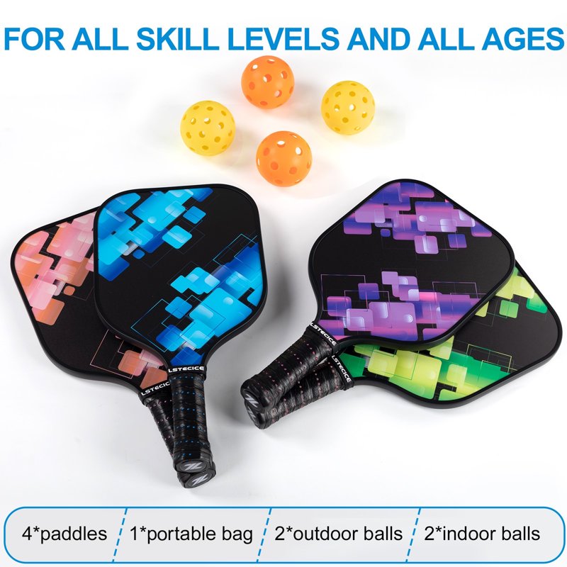 Multicolor LSTECICE Pickleball Paddles Set of 4 - Lightweight Fiberglass with Balls & Bag