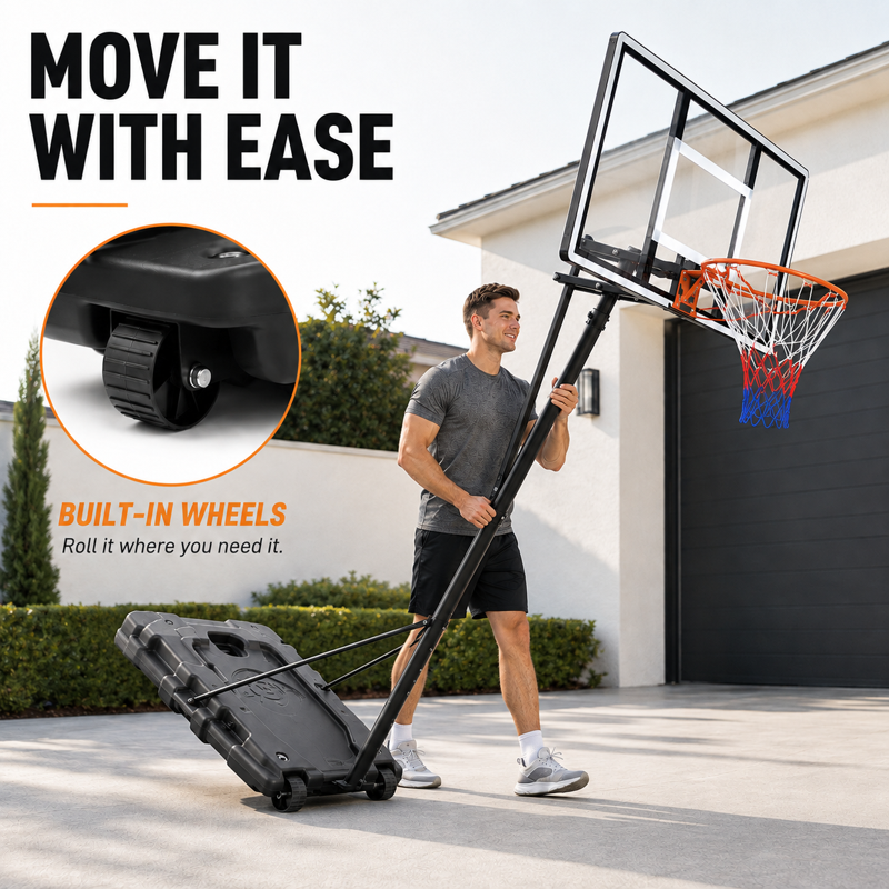 Portable Basketball Hoop with Adjustable Height 5.58-10 ft, 44-Inch Shatterproof Backboard & Rollers
